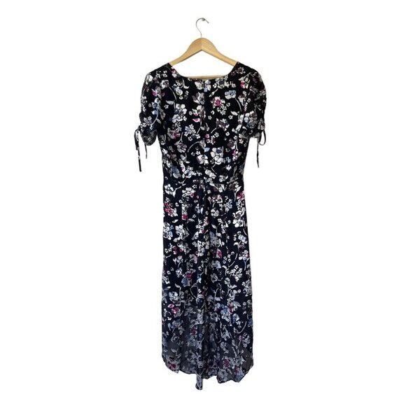 Fairy Grunge Dress Size 8 Dark Floral Asymmetrical Hem Midi Feminine Flowy Silk - Picture 8 of 13